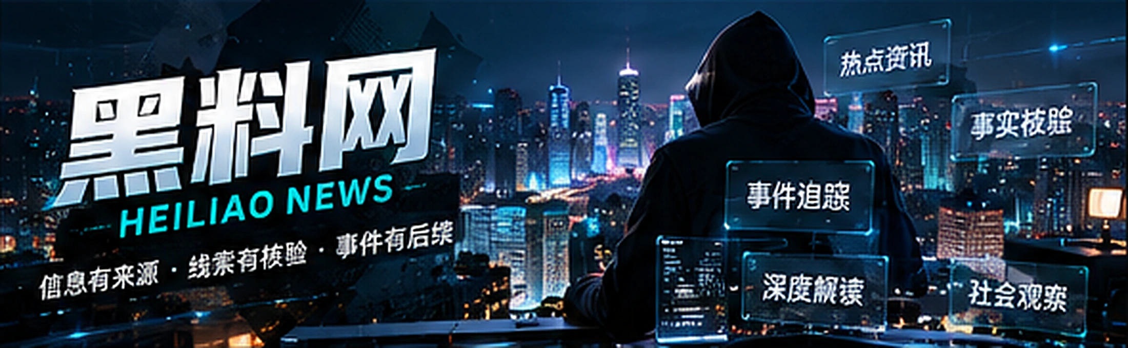 深色资讯编辑室与城市光影，概念配图